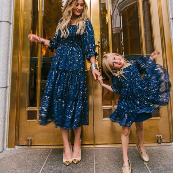 Matching SET Mommy Baby Ivy City Co Starry Nights Puff Sleeve Smocked Dresses - Picture 8 of 11